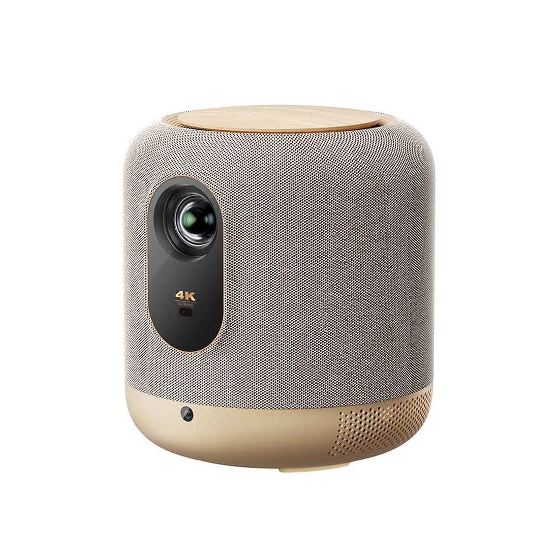 FORMOVIE V10 True 4K projector with wood grain top, soft fabric, and metal finish.