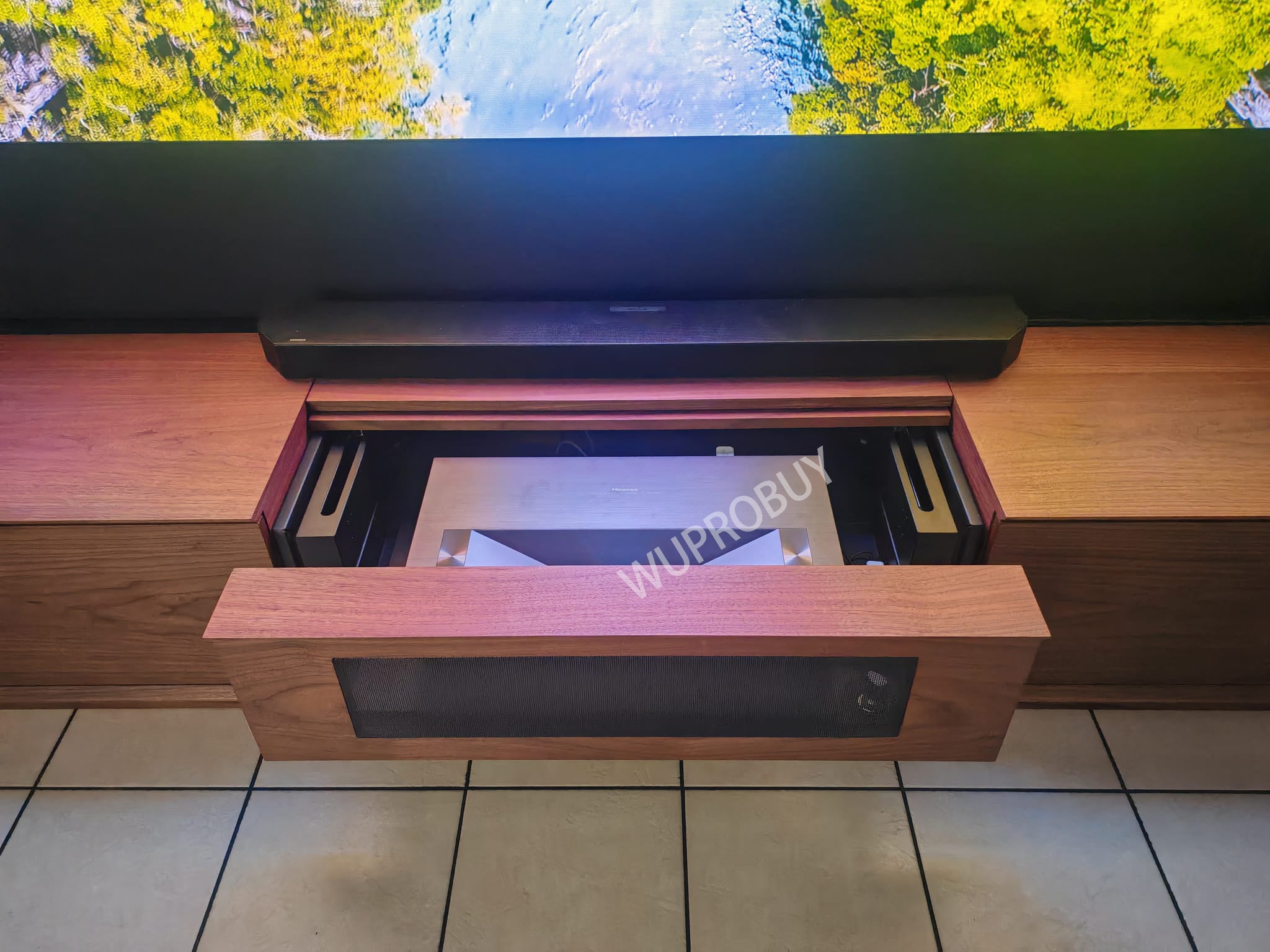 WUPROBUY Customer Share 120 inch NIKOHOME Phantom5 Walnut Smart Laser TV Cabinet for UST Projector
