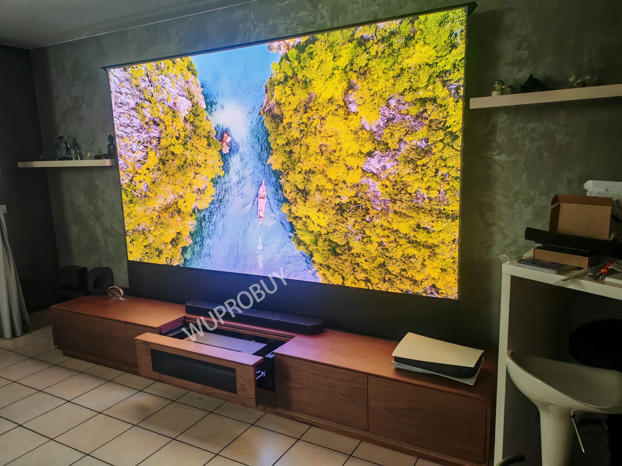 WUPROBUY Customer Share 120 inch NIKOHOME Phantom5 Walnut Smart Laser TV Cabinet for UST Projector