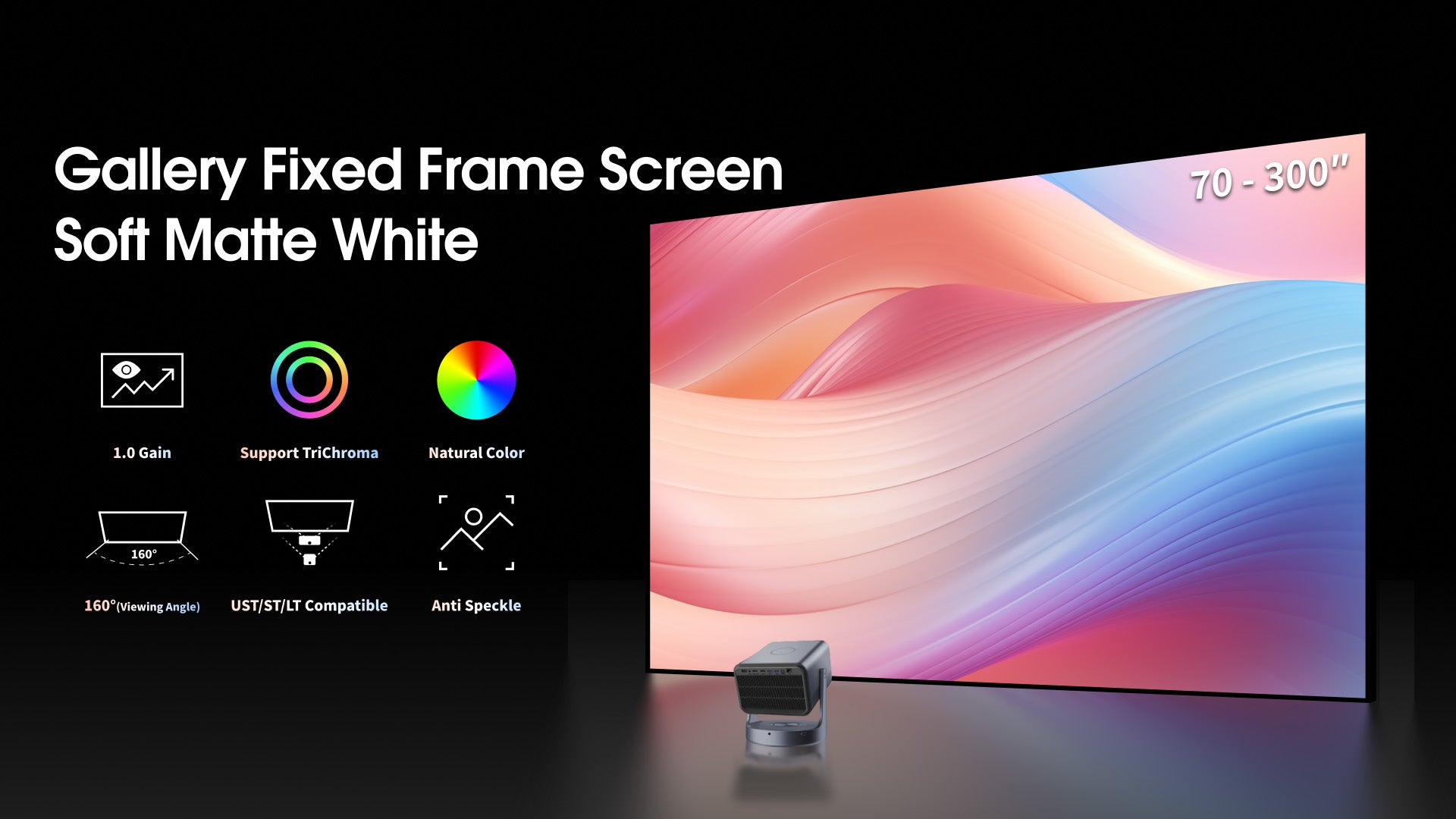 WUPRO Gallery Soft Matte White Fixed Frame Screen 1.0 Gain with Natural Color, 160° Viewing Angle, Anti-Speckle Performance, and UST/ST/LT Projector Compatibility