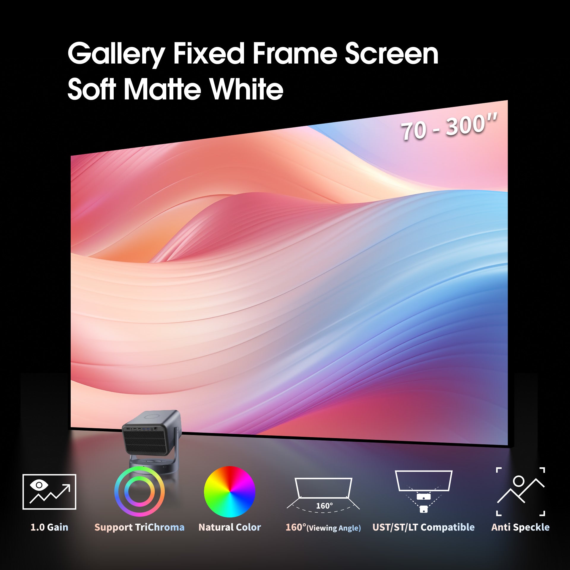 WUPRO Gallery Soft Matte White Fixed Frame Screen 1.0 Gain with Natural Color, 160° Viewing Angle, Anti-Speckle Performance, and UST/ST/LT Projector Compatibility
