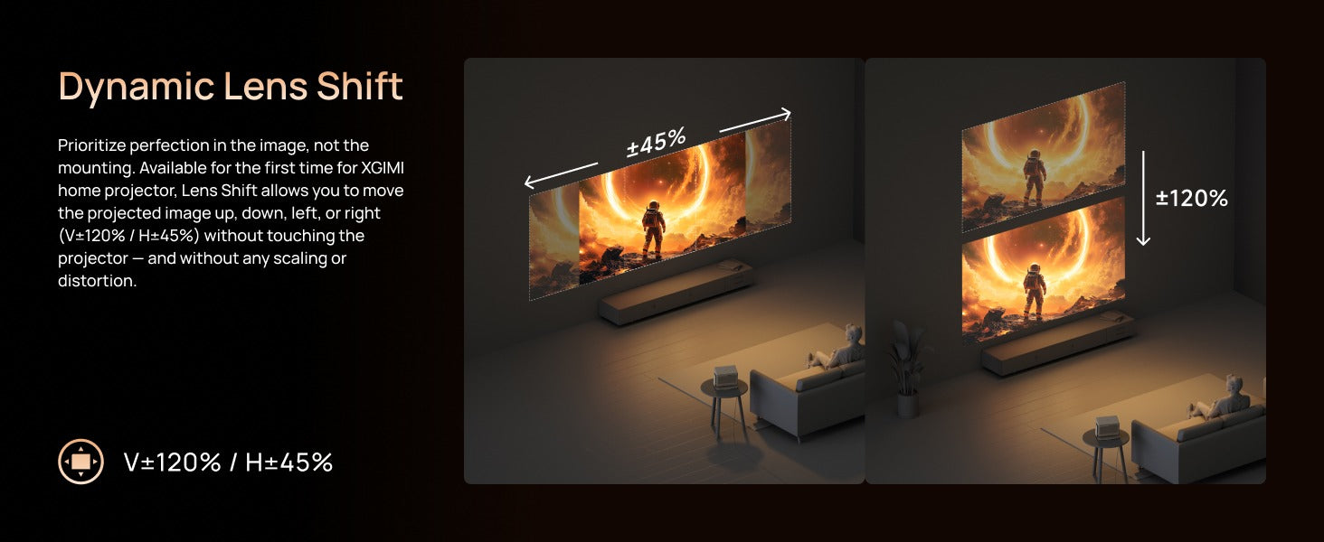 HORIZON 20 Max Dynamic Lens Shift – move the image vertically +120% and horizontally +45% without scaling or distortion