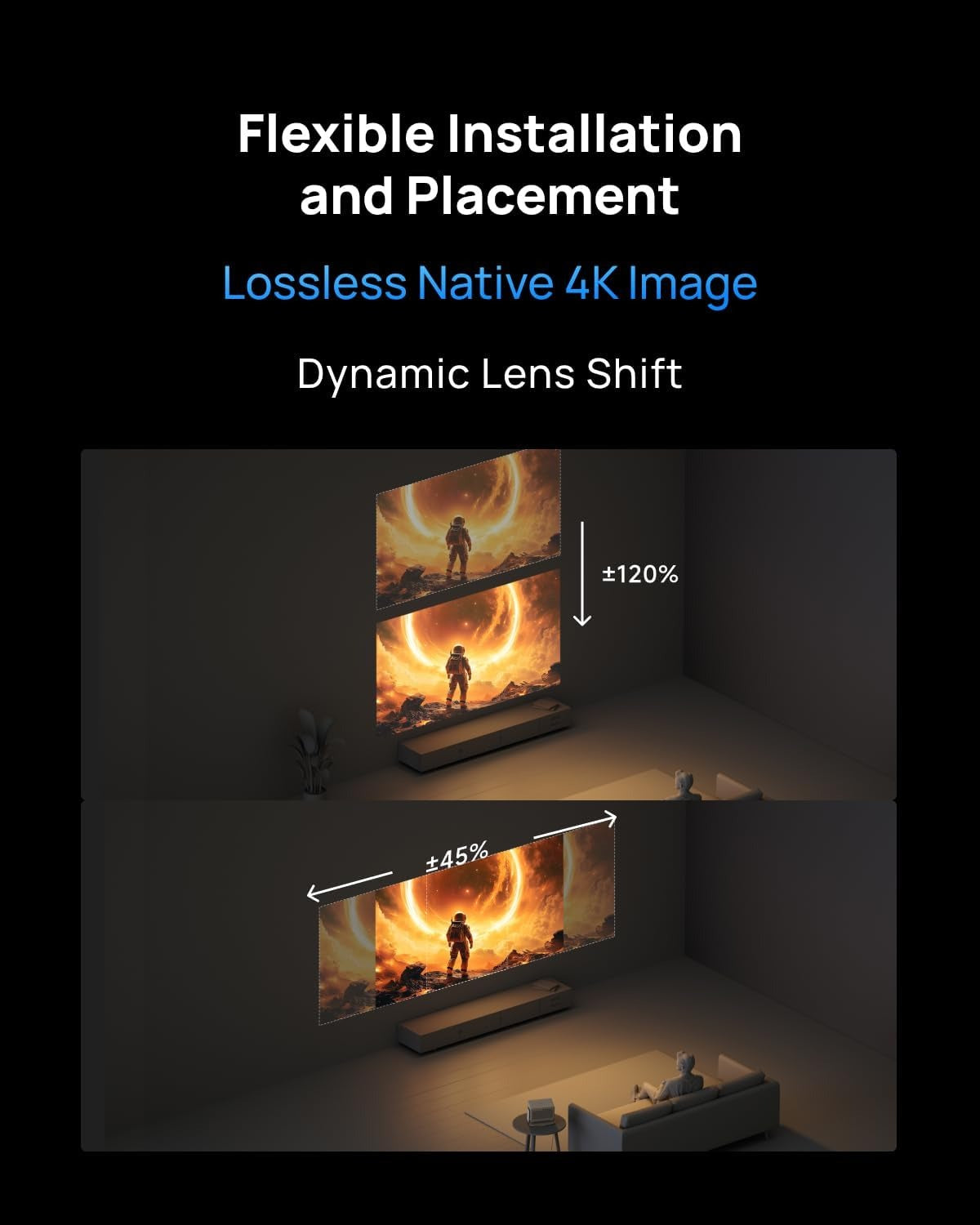 HORIZON 20 Max Dynamic Lens Shift – move the image vertically +120% and horizontally +45% without scaling or distortion