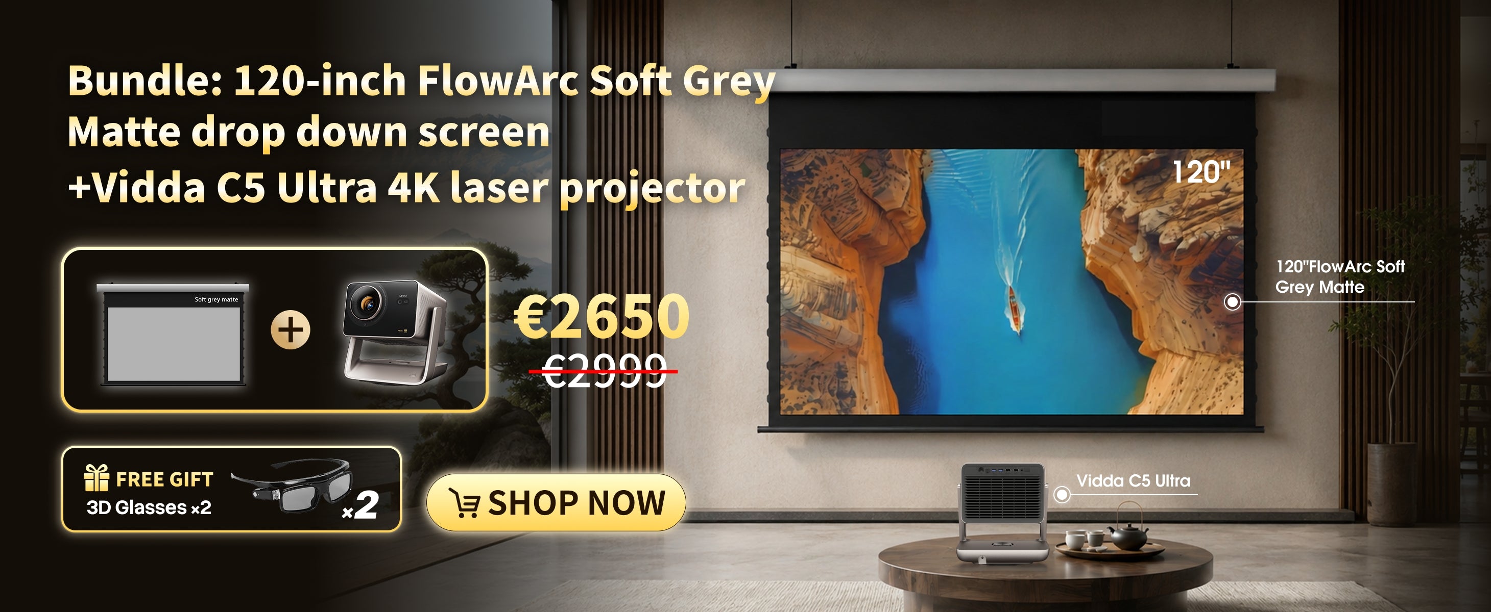 WUPROBUY Bundle Deal – Vidda C5 Ultra 4K RGB Triple Laser Projector with 120-inch FlowArc Soft Grey Matte Motorized Drop Down Screen + 2 Free 3D Glasses