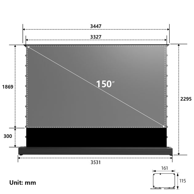 150inch WUPRO Cinema Lenticular ALR CLR Floor rising screen forUST projector,Size details