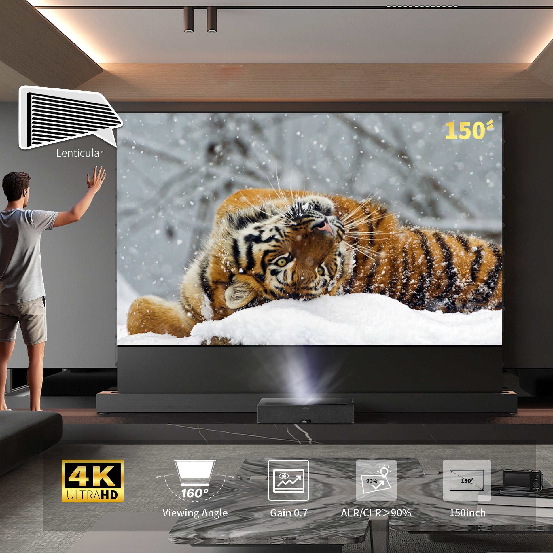 150" WUPRO Cinema Lenticular ALR CLR Smart Motorized Tension Floor Rising Screen For UST Projector