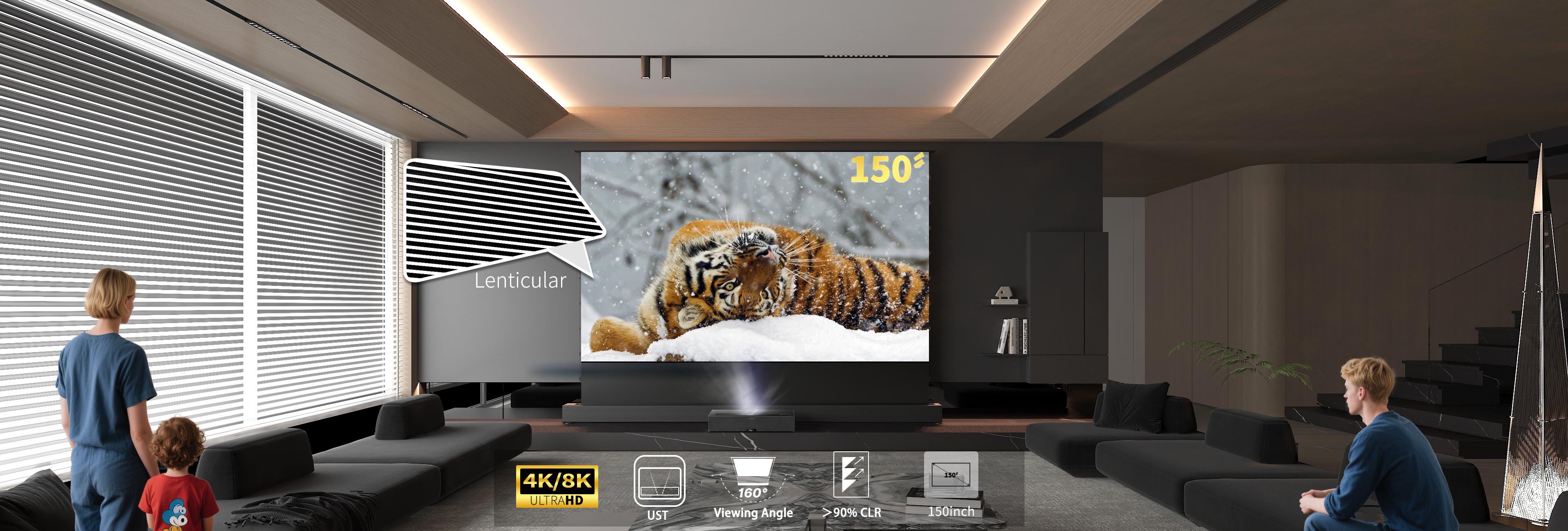 150" WUPRO Cinema Lenticular ALR CLR Smart Motorized Tension Floor Rising Screen For UST Projector