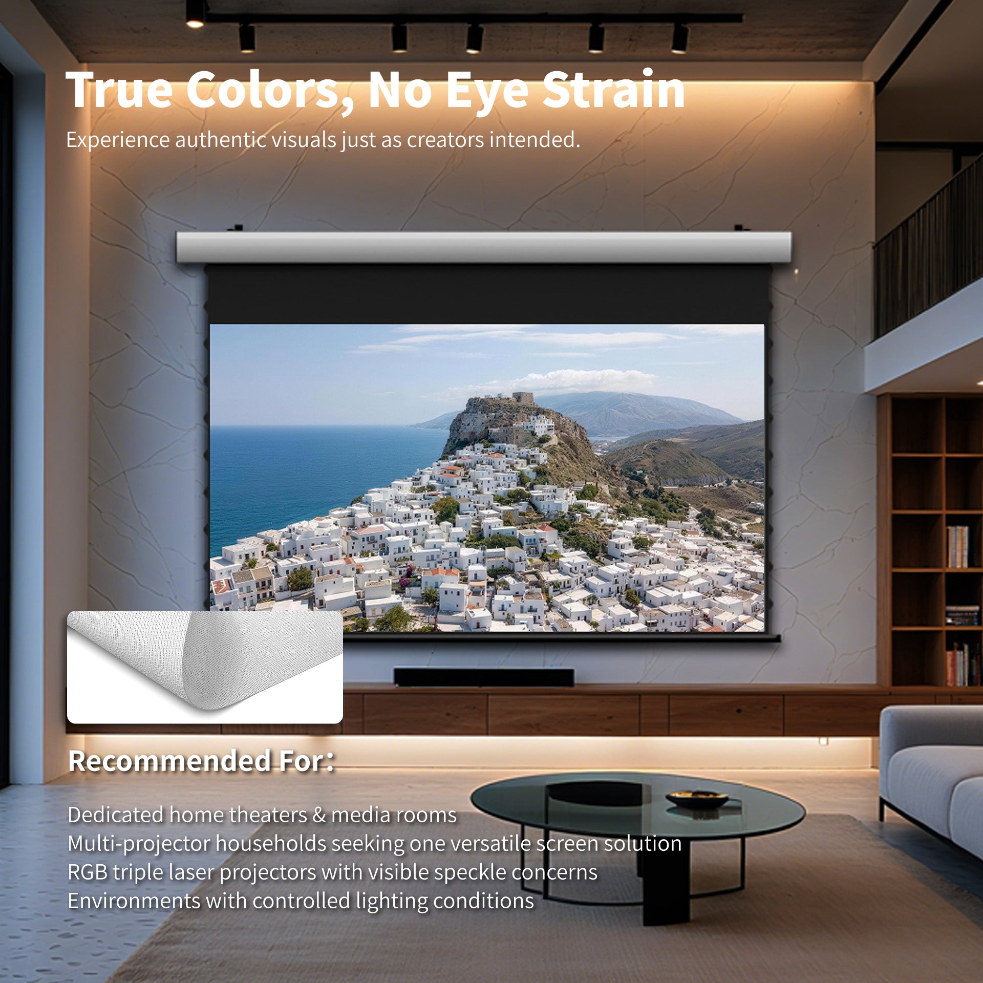 WUPRO Cinema FlowArc woven tab-tensioned acoustically transparent motorized drop down projector screen for natural colors and reduced speckle with RGB triple laser projectors