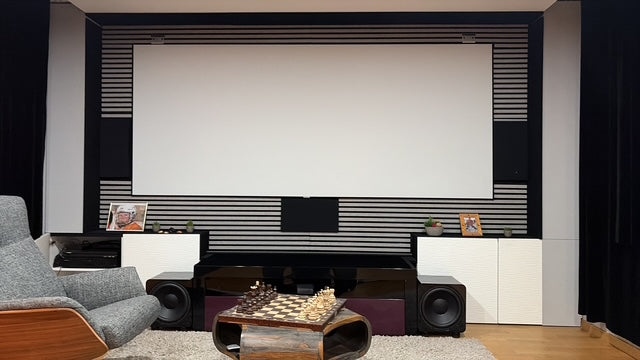 WUPRO 4K woven acoustically transparent fixed frame screen customer setup in home theater