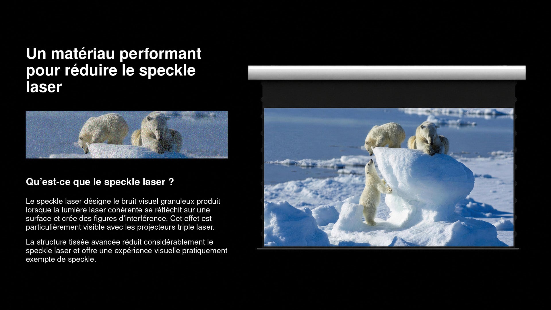 WUPRO écran de projection 4K tissé et transonore pour réduire l’effet speckle avec les vidéoprojecteurs triple laser RGB