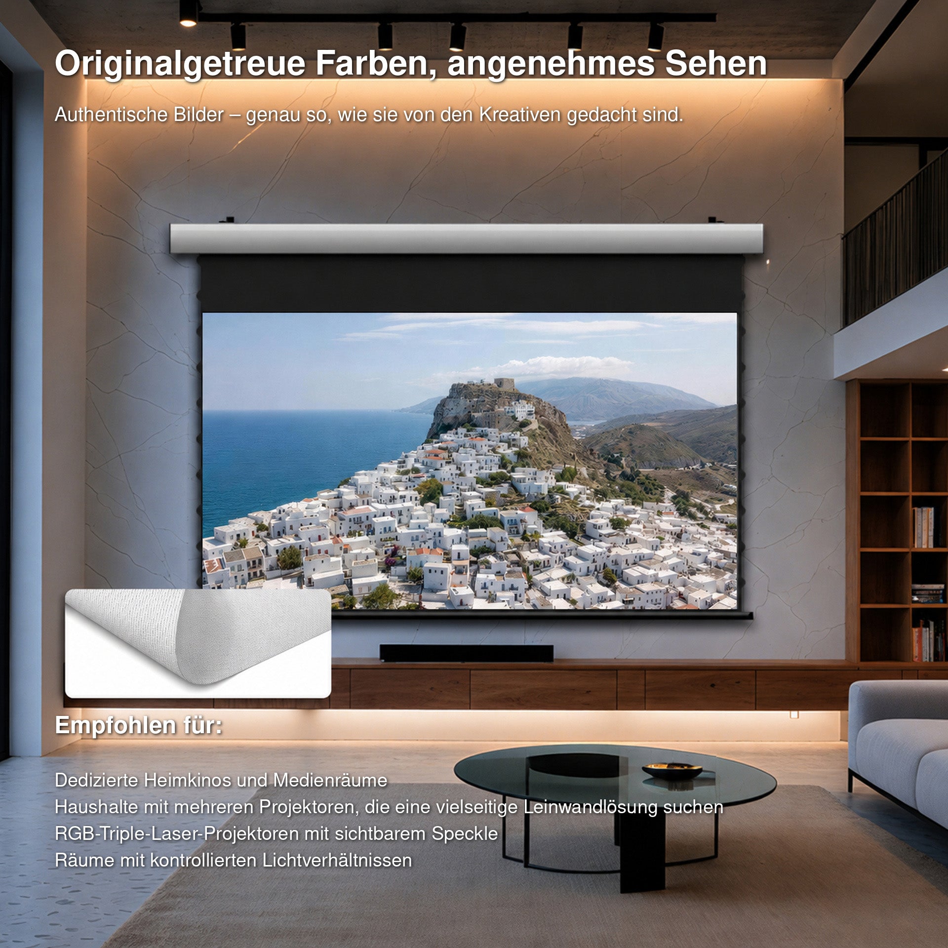 WUPRO Cinema FlowArc gewebte, akustisch transparente, motorisierte Tab-Tension-Leinwand für natürliche Farben und reduzierten Speckle-Effekt bei RGB-Triple-Laser-Projektoren