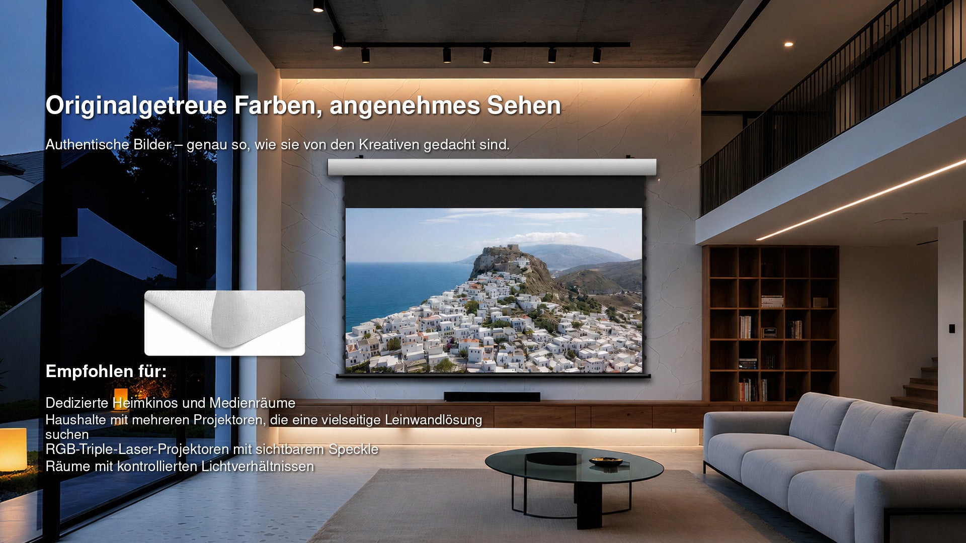 WUPRO Cinema FlowArc gewebte, akustisch transparente, motorisierte Tab-Tension-Leinwand für natürliche Farben und reduzierten Speckle-Effekt bei RGB-Triple-Laser-Projektoren