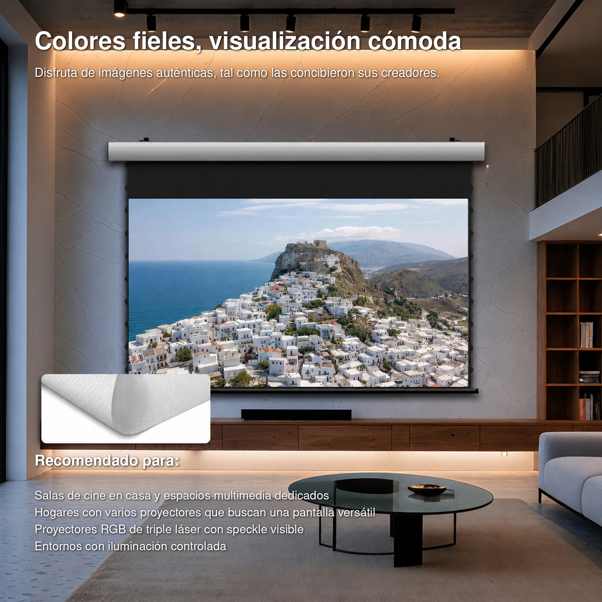WUPRO Cinema FlowArc pantalla motorizada acústicamente transparente de tejido con sistema Tab-Tension para colores naturales y reducción del efecto speckle con proyectores láser RGB triple