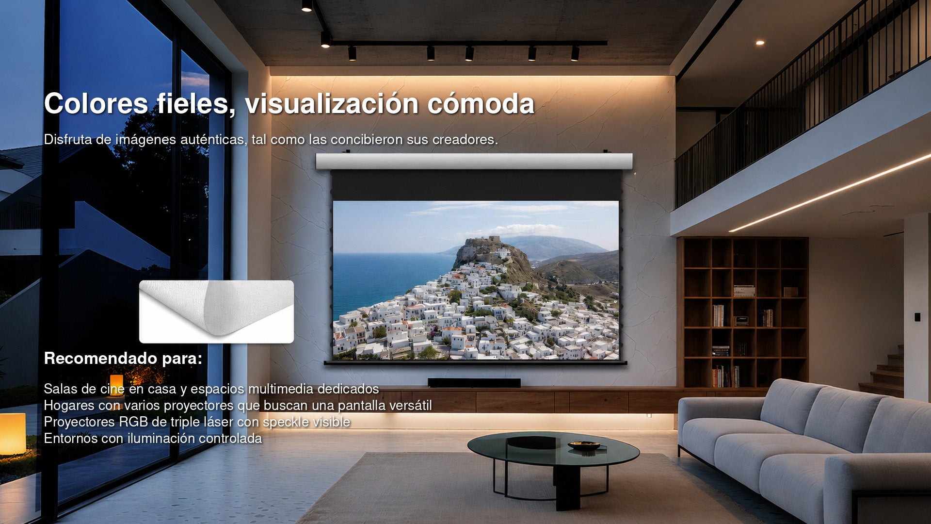 WUPRO Cinema FlowArc pantalla motorizada acústicamente transparente de tejido con sistema Tab-Tension para colores naturales y reducción del efecto speckle con proyectores láser RGB triple
