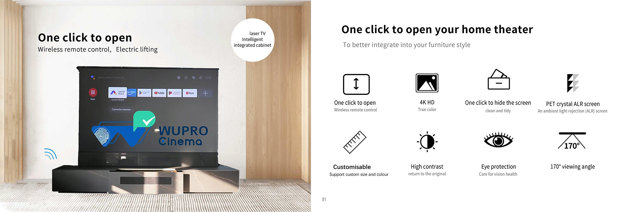 The most cost-effective laser TV cabinet: WUPRO Cinema's customisable marble slab laser TV cabinet, available in a wide range of colours, with free size customisation!