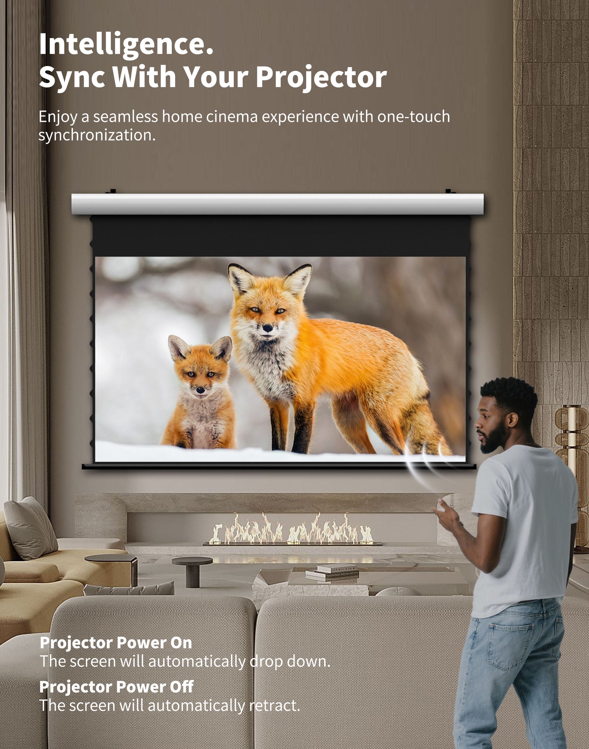 WUPRO Cinema FlowArc Electric Drop Down Projector Screen,Intelligence Sync With Your Projector