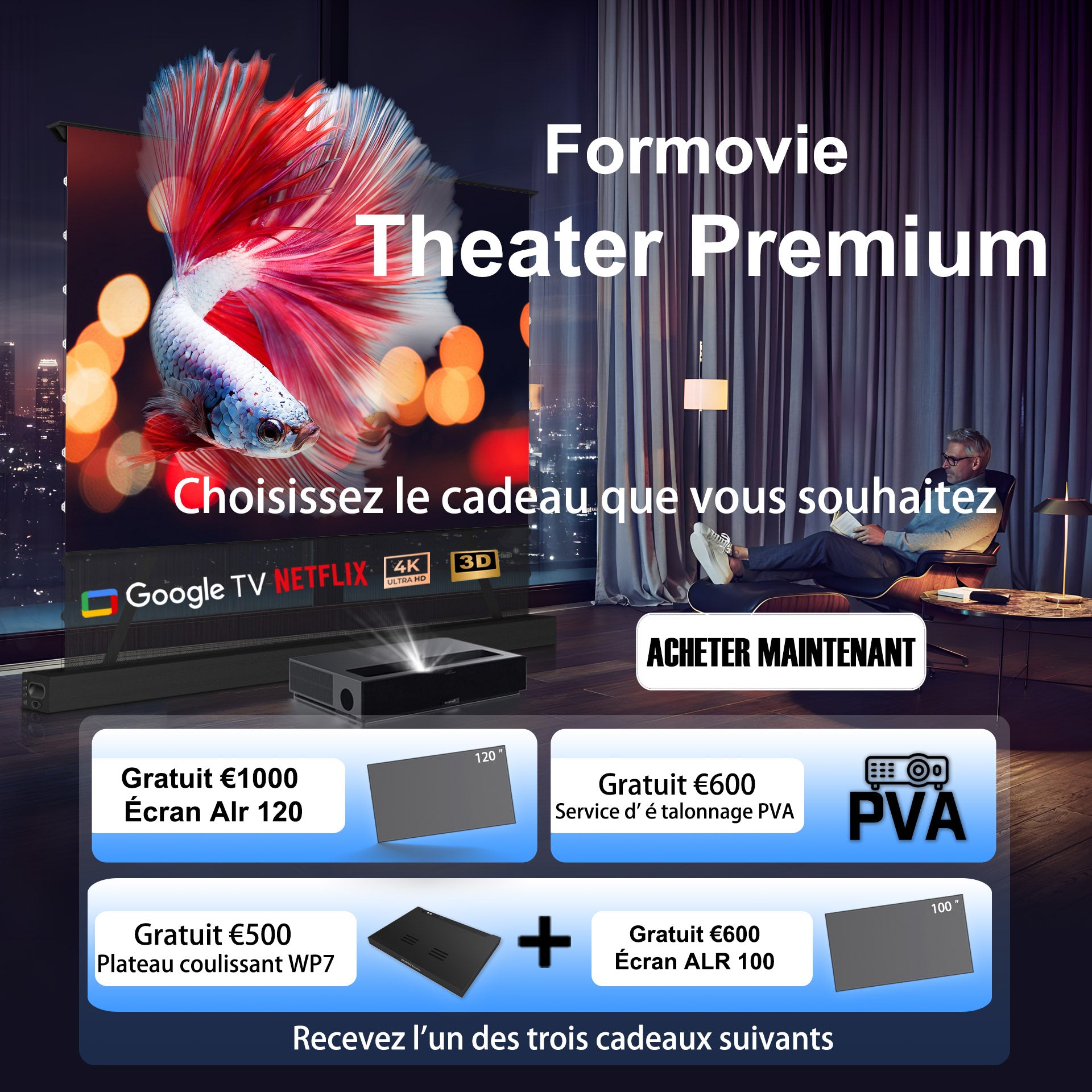 Achetez Formovie Theater Premium chez WUPRO BUY et recevez 1 cadeau d'une valeur de 1000€. (écran alr 120 pouces ou service de calibration PVA ou WP7 Slider Tray + 100inch ALR Screen)