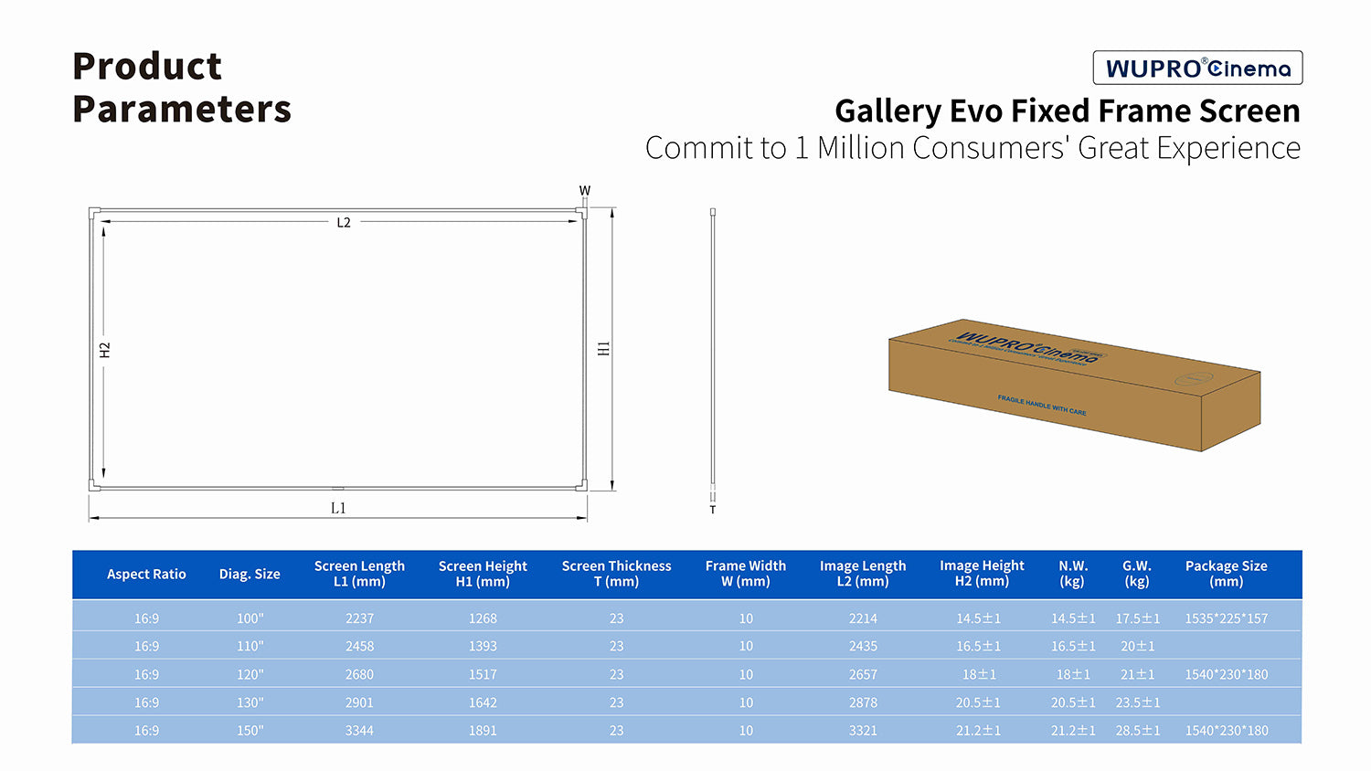 WUPRO Cinema Gallery Evo Fixed Frame Screen Size Chart