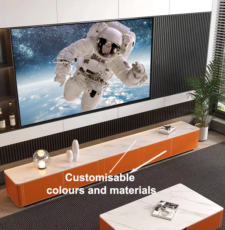 WUPRO customizable saddle leather Laser TV Cabinet — available with a sintered stone desktop in customizable colors, and a cabinet body wrapped in saddle leather with multiple color options.