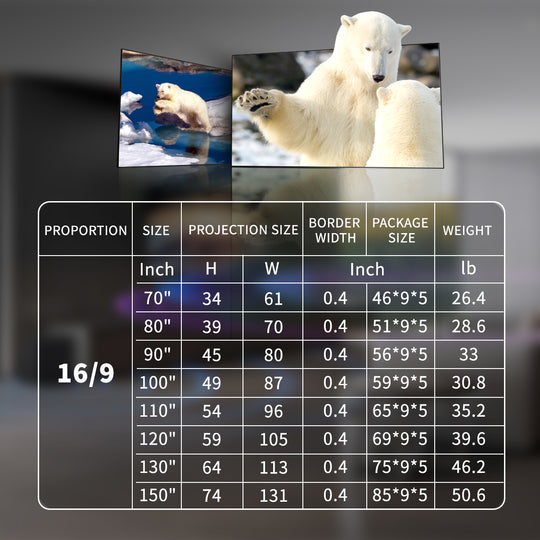 WUPRO Cinema ALR CLR Frame Fixed Projector Screen size chart
