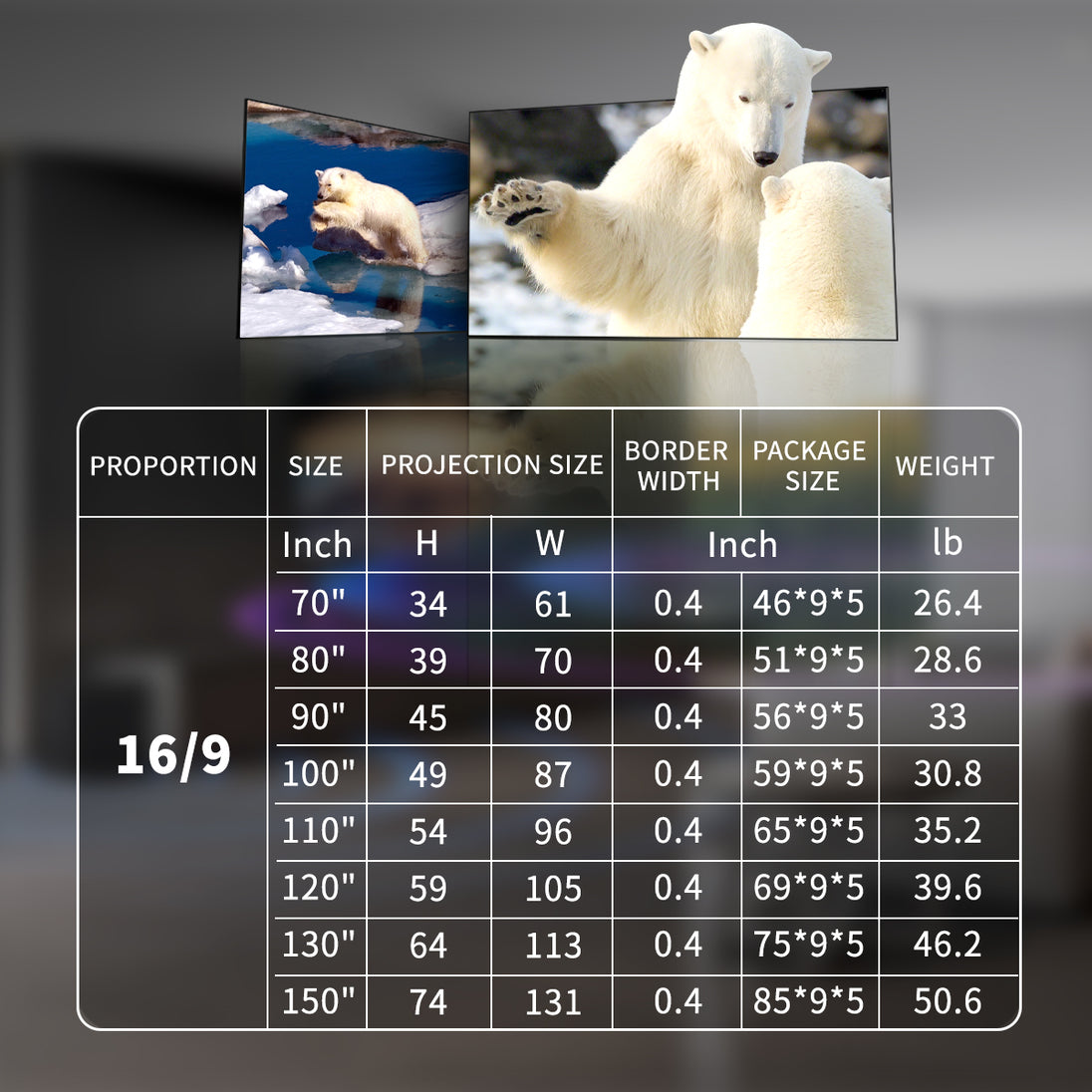 WUPRO Cinema ALR CLR Frame Fixed Projector Screen size chart