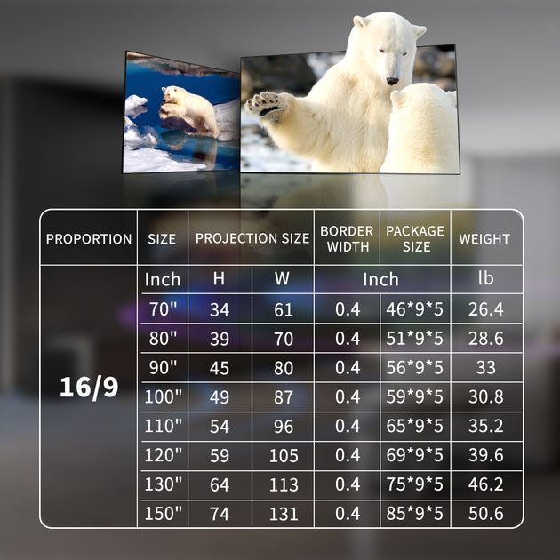 WUPRO Cinema ALR CLR Frame Fixed Projector Screen size chart