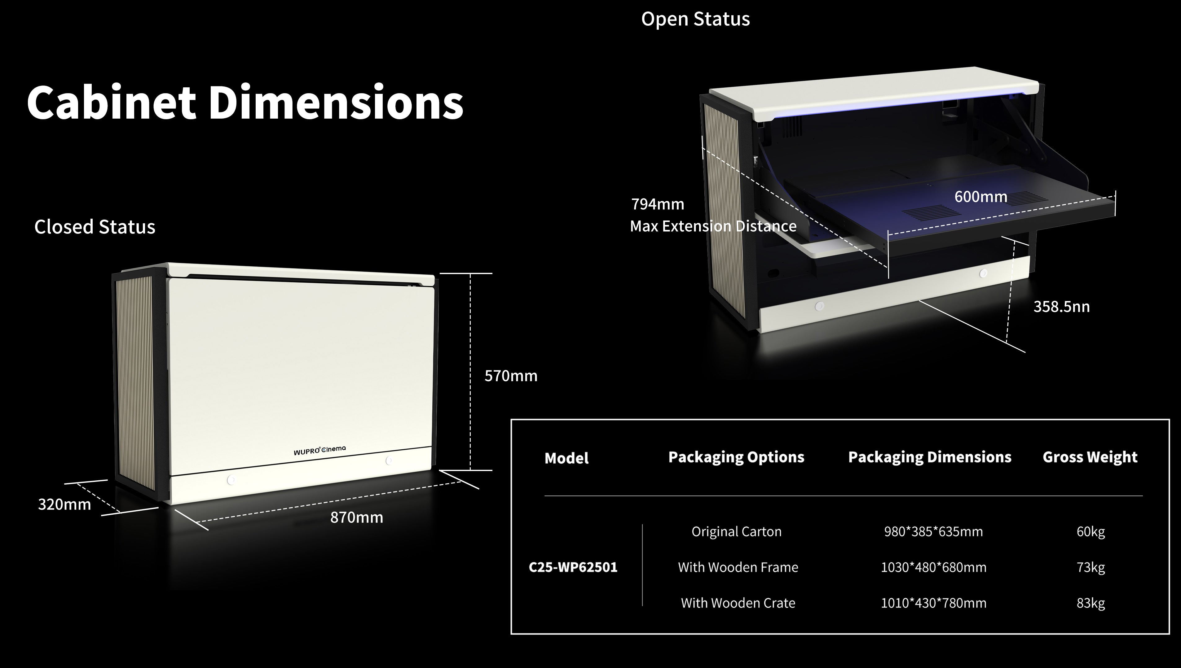 WUPRO Cinema C1 Nano Compact Smart Flip Laser TV Cabinet –dimension