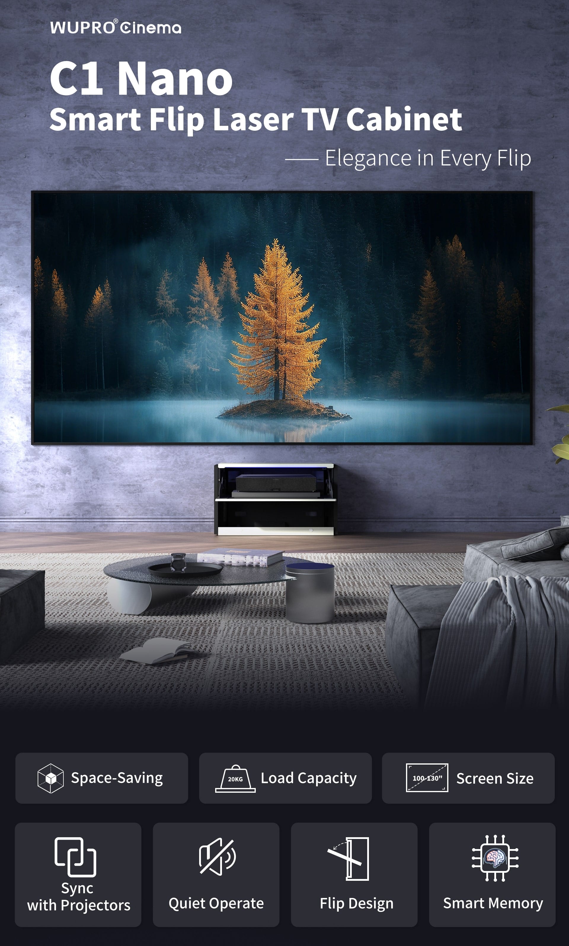 WUPRO Cinema C1 Nano Compact Smart Flip Laser TV Cabinet – space-saving design, 20kg load capacity, projector sync, quiet operation, flip-top design, smart memory function