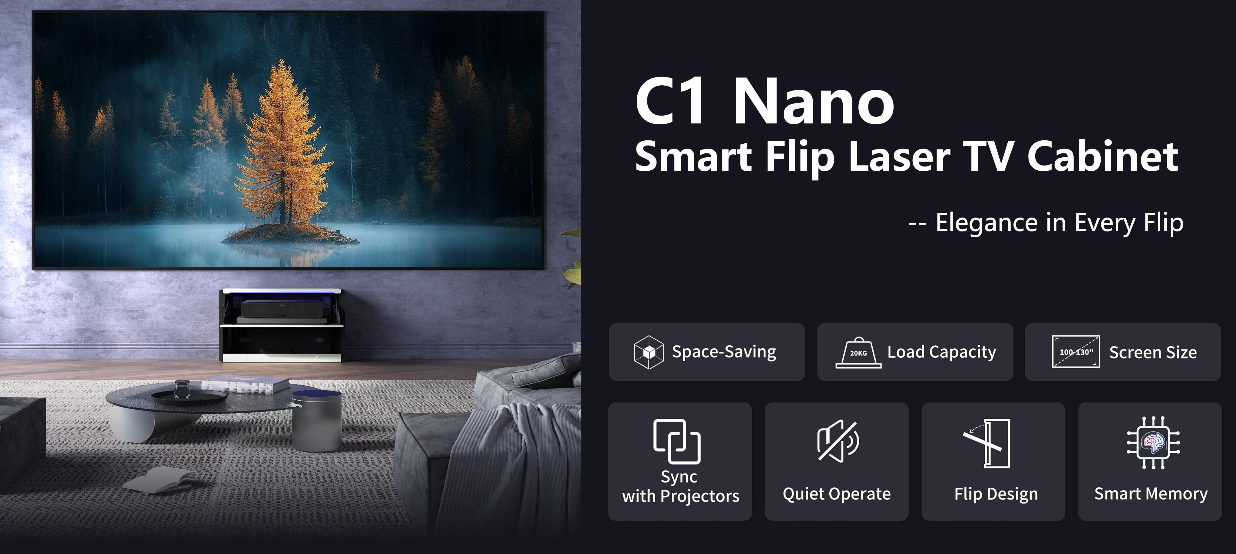 WUPRO Cinema C1 Nano Compact Smart Flip Laser TV Cabinet – space-saving design, 20kg load capacity, projector sync, quiet operation, flip-top design, smart memory function