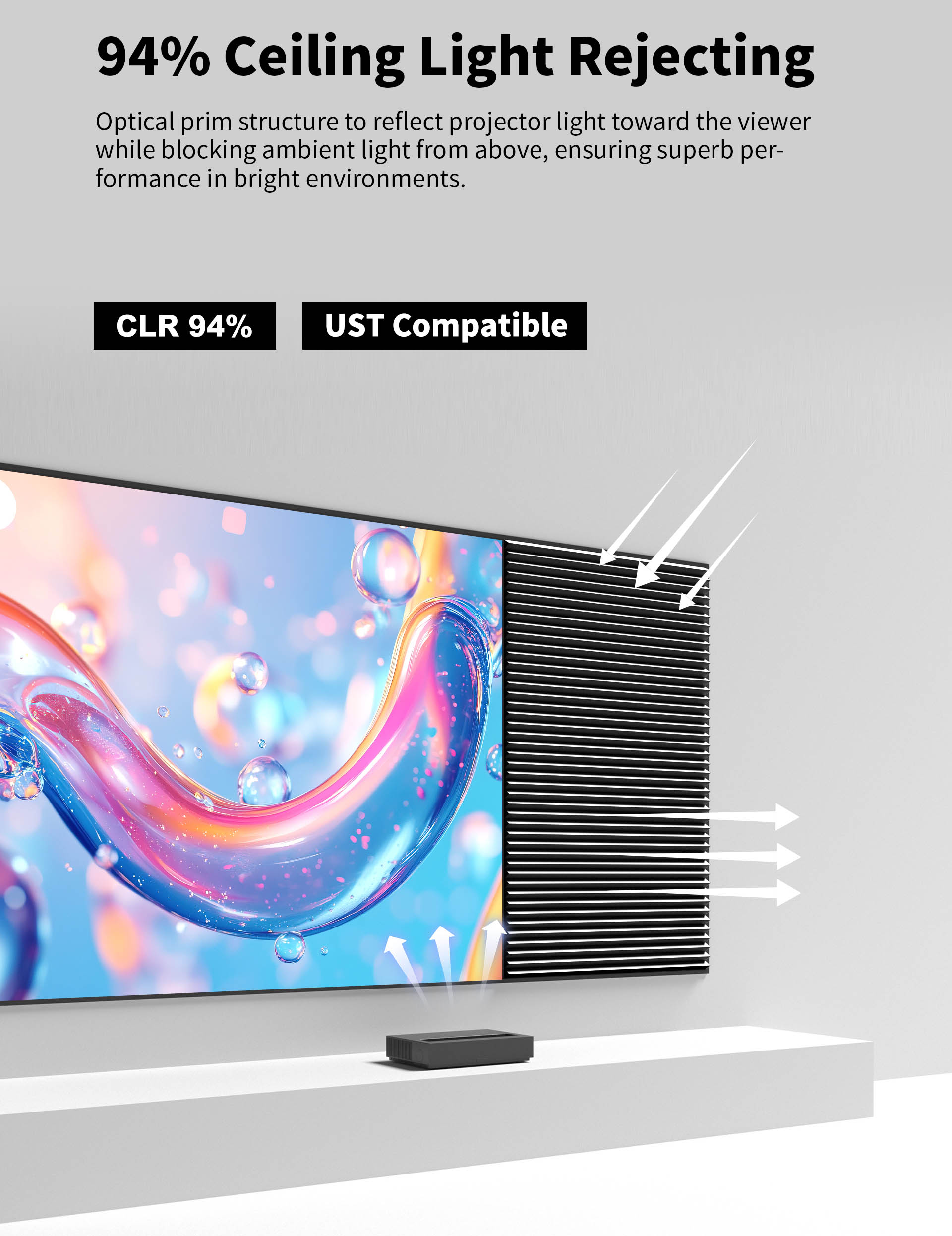 WUPRO Cinema CBSP Ultra Contrast ALR CLR UST Fixed Frame Screen – 94% Ceiling Light Rejection for Bright Rooms