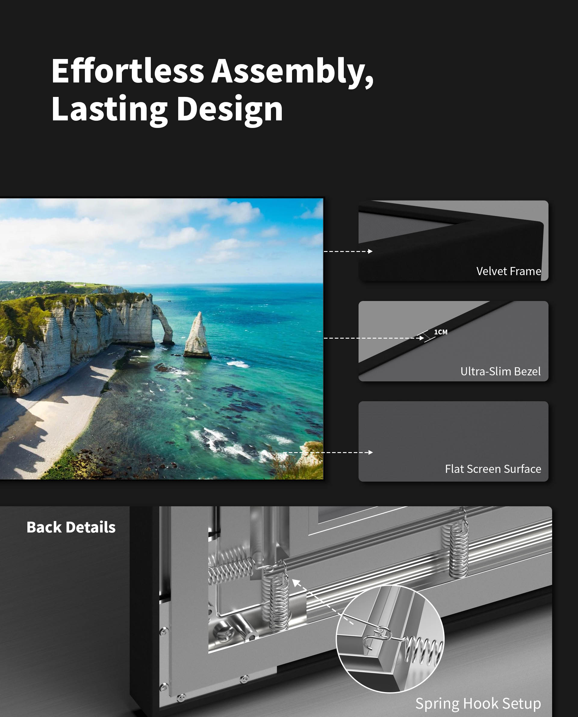 WUPRO Cinema CBSP ultra contrast ALR CLR UST fixed frame screen – easy assembly with durable, long-lasting design