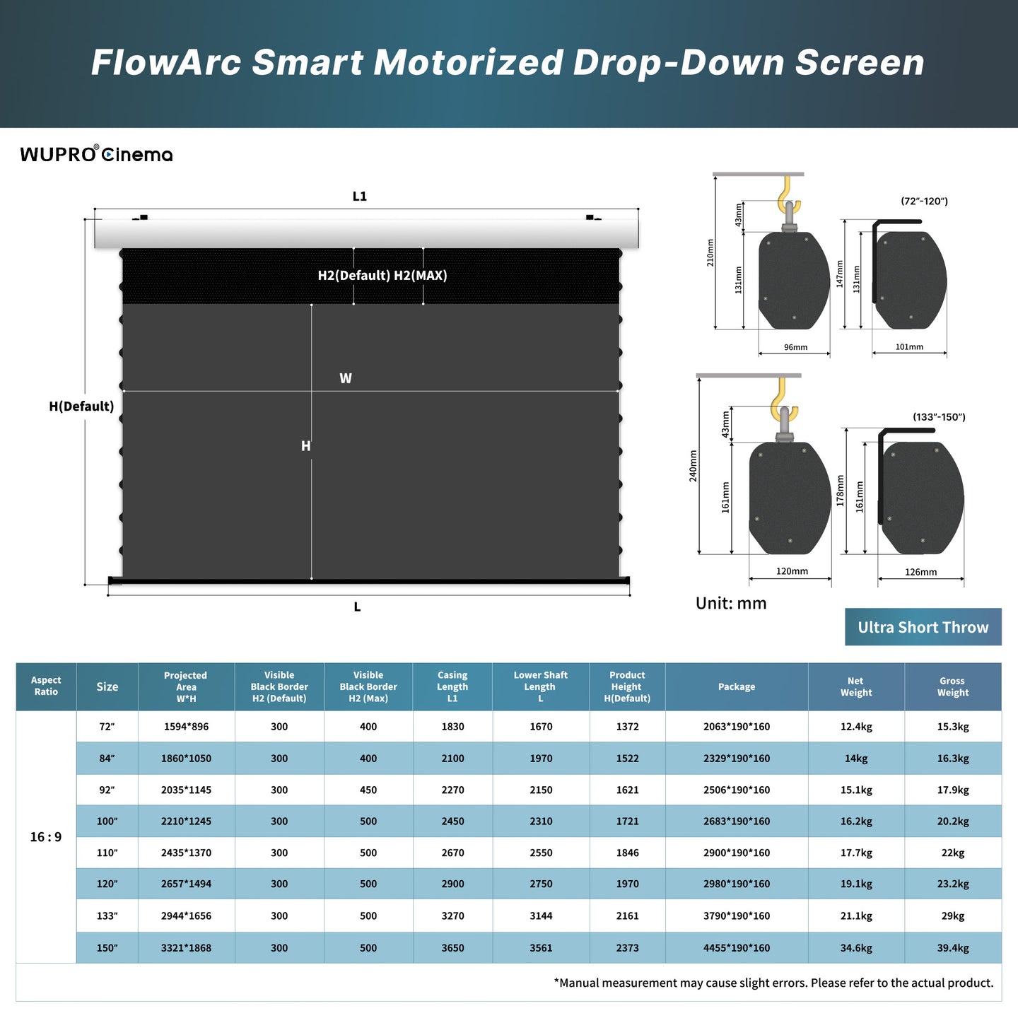 WUPRO Cinema FlowArc 72–150-inch  lenticular CLR motorized drop-down UST screen dimensions chart