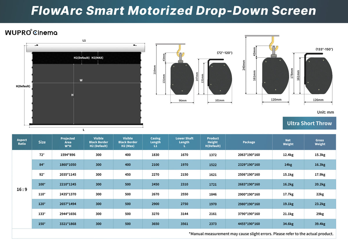 WUPRO Cinema FlowArc 72–150-inch  lenticular CLR motorized drop-down UST screen dimensions chart