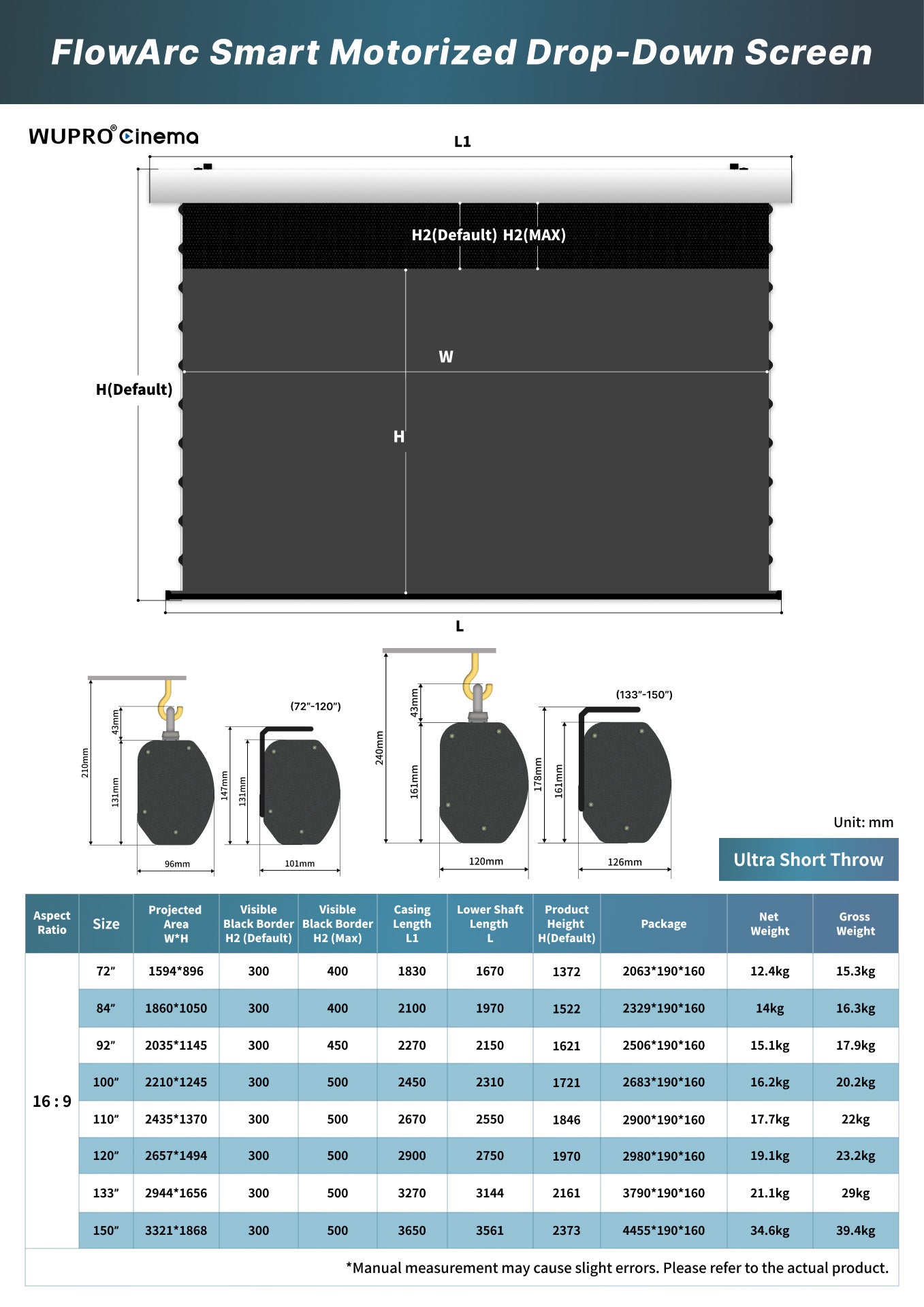 WUPRO Cinema FlowArc 72–150-inch  lenticular CLR motorized drop-down UST screen dimensions chart