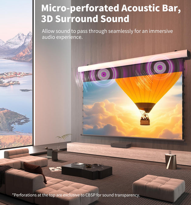 WUPRO Cinema FlowArc Luxury CBSP Smart ALR CLR Motorised Drop Down Projector Screen,Micro-perforated Acoustic Bar,3D Surround Sound