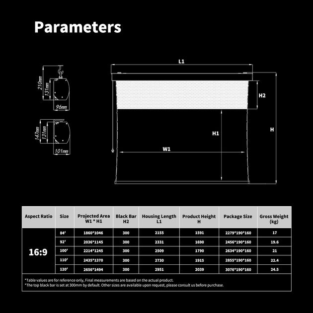 WUPRO Cinema FlowArc Luxury Smart Motorized Drop Down Projector Screen,size chart