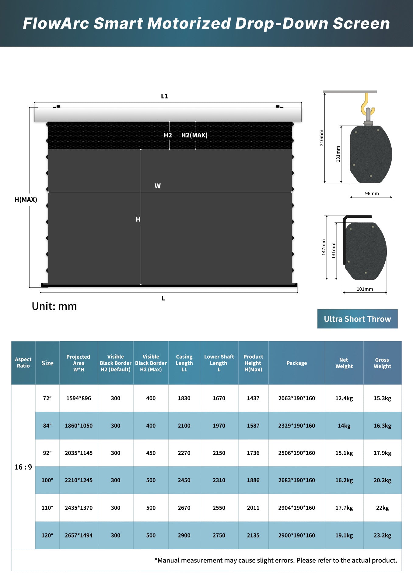 72–120-inch WUPRO FlowArc CBSP CLR ALR UST Drop-Down Screen for UST Projectors – Size Chart (Portrait)