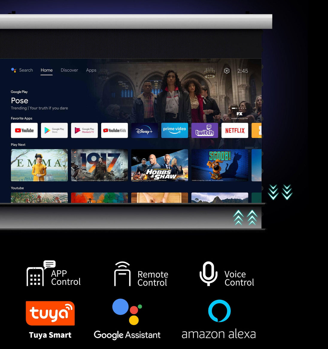 WUPRO Cinema FlowArc Luxury Smart  Motorised Drop Down Projector Screen Supports control via remote control, voice commands, and apps, and supports connection to Tuya, Google Assistant, Alexa, etc.