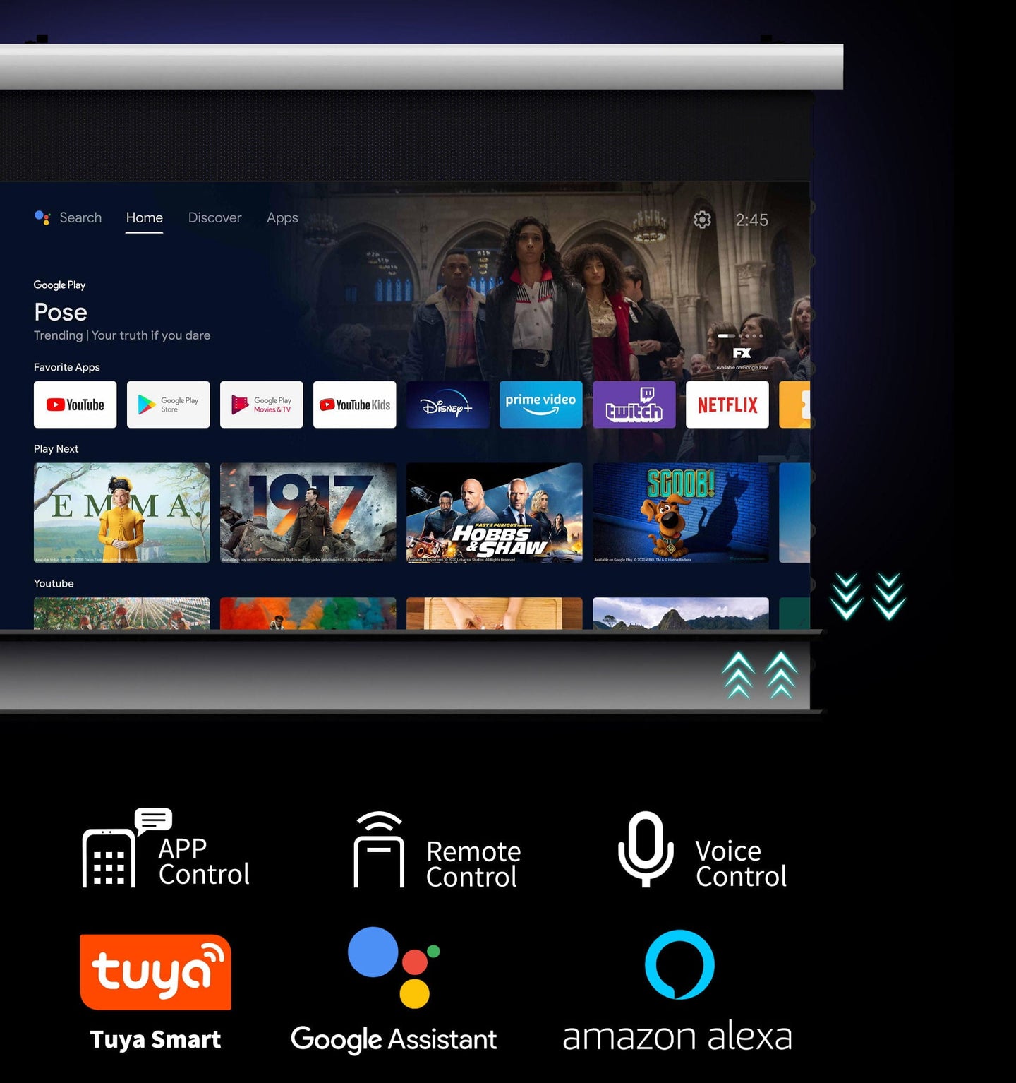 WUPRO Cinema FlowArc Luxury Smart  Motorised Drop Down Projector Screen Supports control via remote control, voice commands, and apps, and supports connection to Tuya, Google Assistant, Alexa, etc.