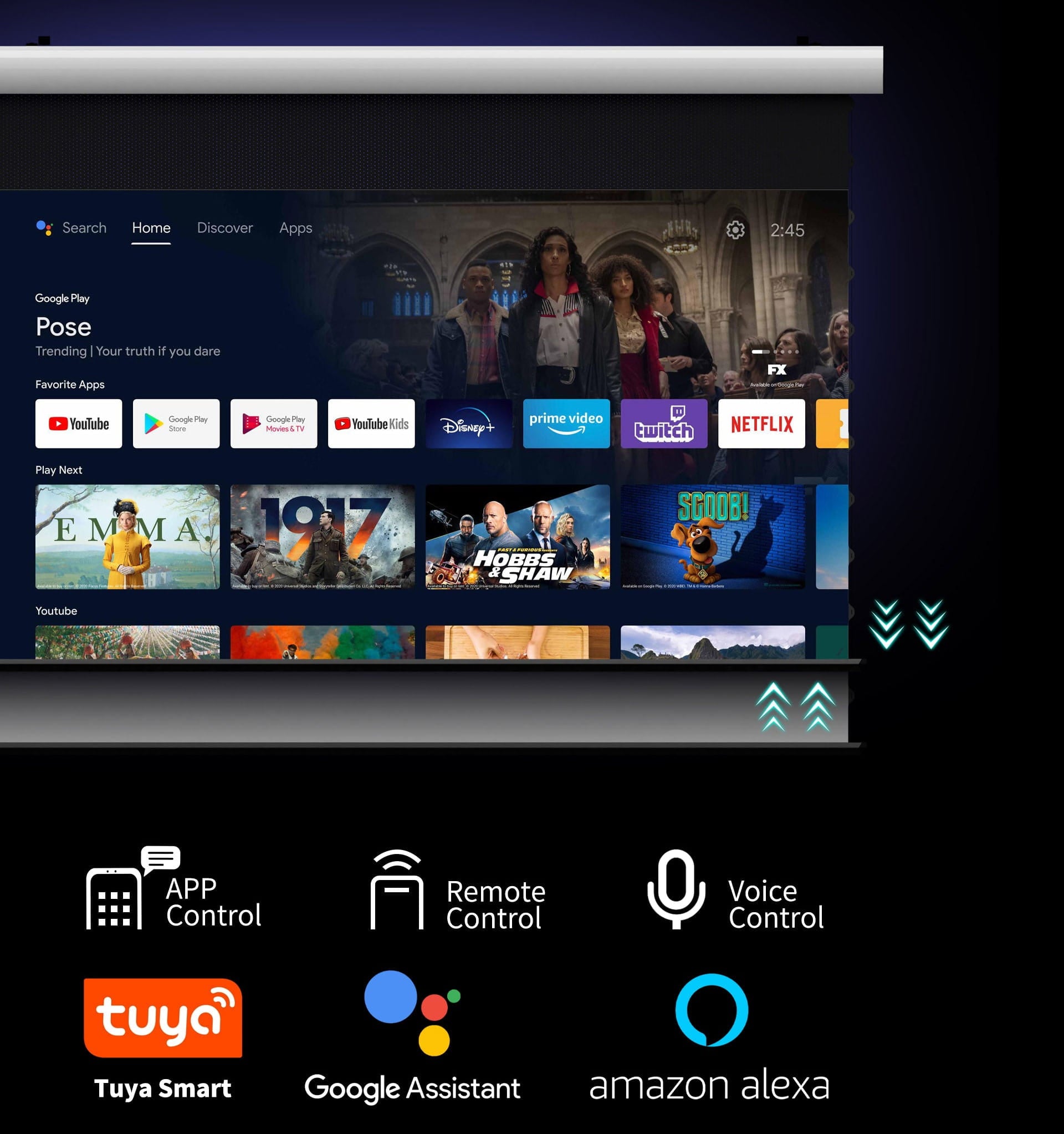 WUPRO Cinema FlowArc Luxury Smart  Motorised Drop Down Projector Screen Supports control via remote control, voice commands, and apps, and supports connection to Tuya, Google Assistant, Alexa, etc.