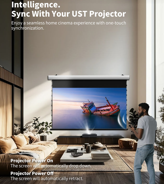 WUPRO Cinema FlowArc Luxury CBSP Smart ALR CLR Motorised Drop Down Projector Screen Intelligent Synchronisation