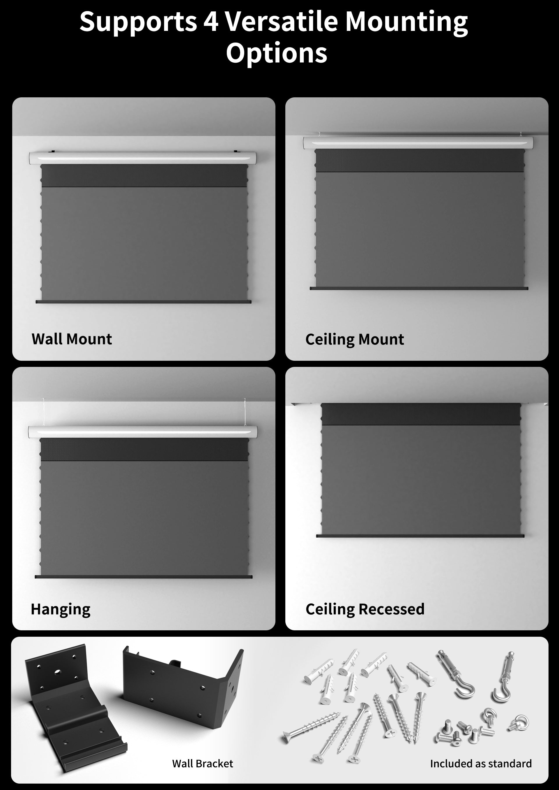 WUPRO Cinema FlowArc Electric Drop Down Projector Screen Supports 4 Versatile Mounting Options
