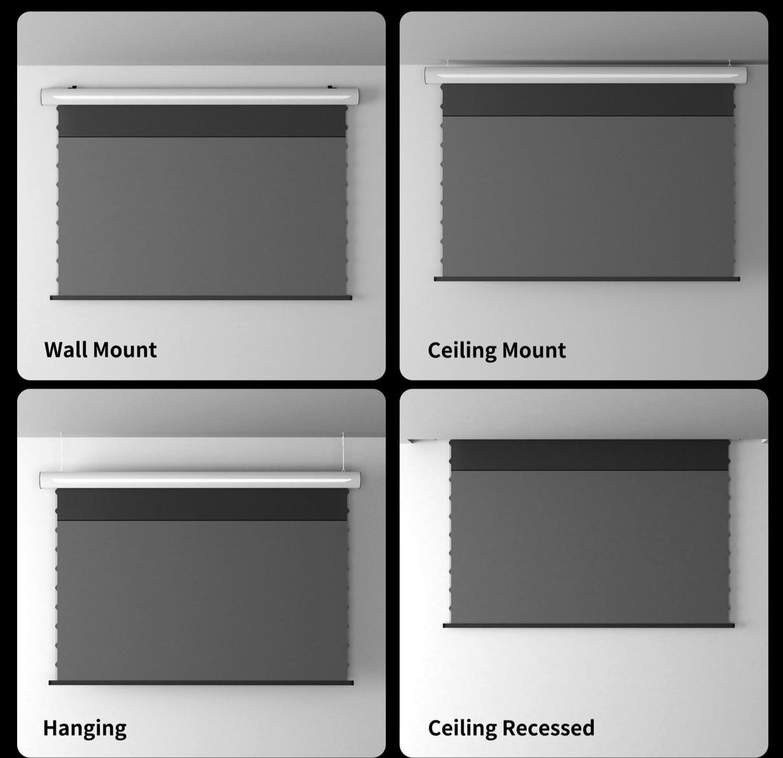 WUPRO Cinema FlowArc premium electric drop-down screen, easy to install, supports wall mount, ceiling hanging, and ceiling recessed.
