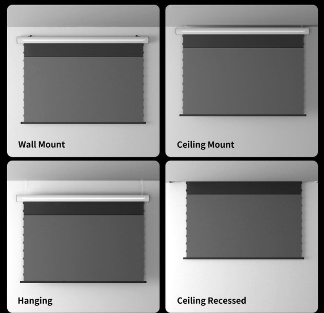 WUPRO Cinema FlowArc premium electric drop-down screen, easy to install, supports wall mount, ceiling hanging, and ceiling recessed.