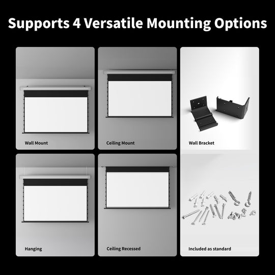 WUPRO Cinema FlowArc tab-tensioned motorized drop down projector screen with four mounting options: wall mount, ceiling mount, hanging and recessed ceiling installation