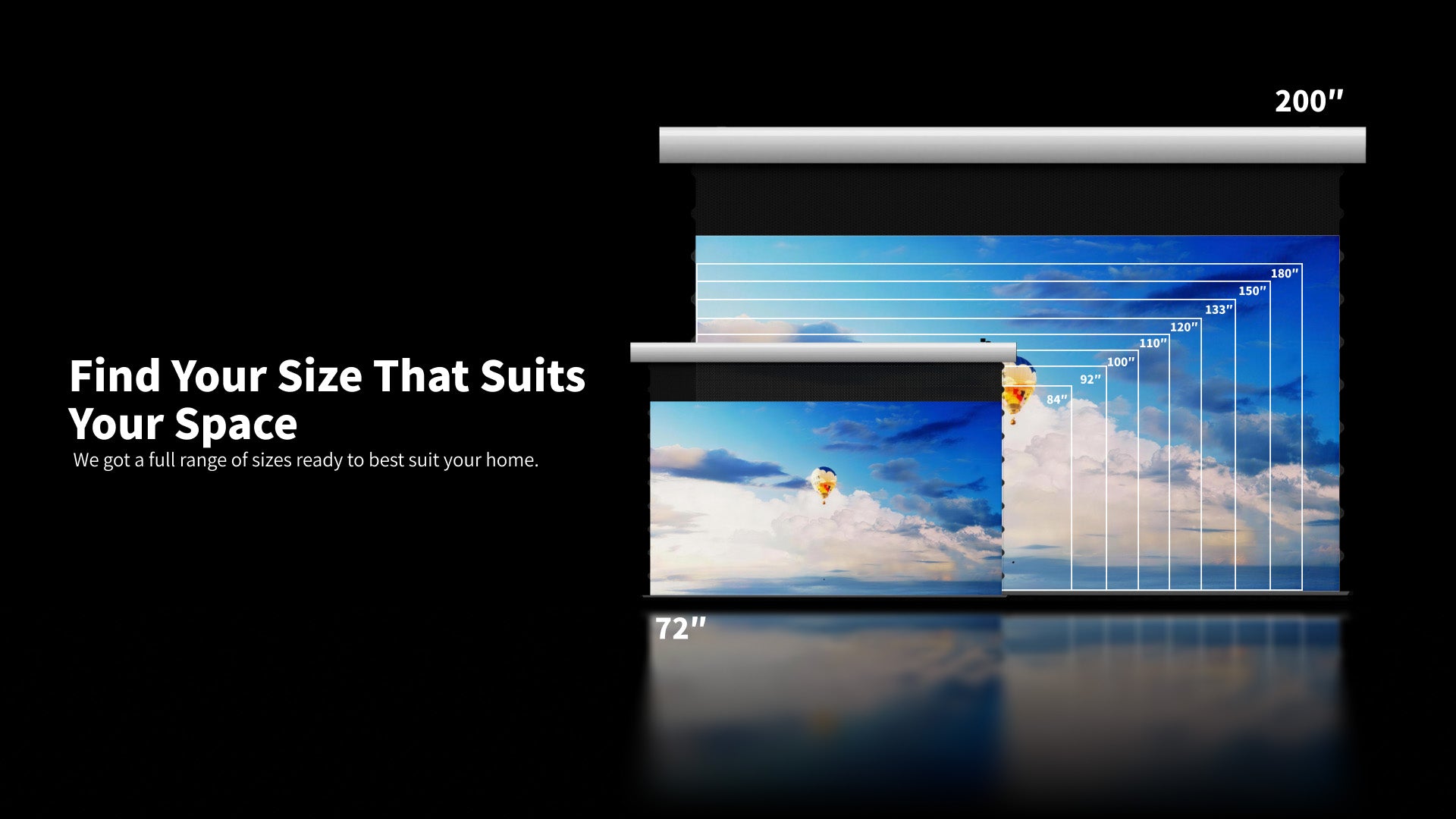 WUPRO Cinema FlowArc tab-tensioned motorized drop down projector screen available in sizes from 72 to 200 inches