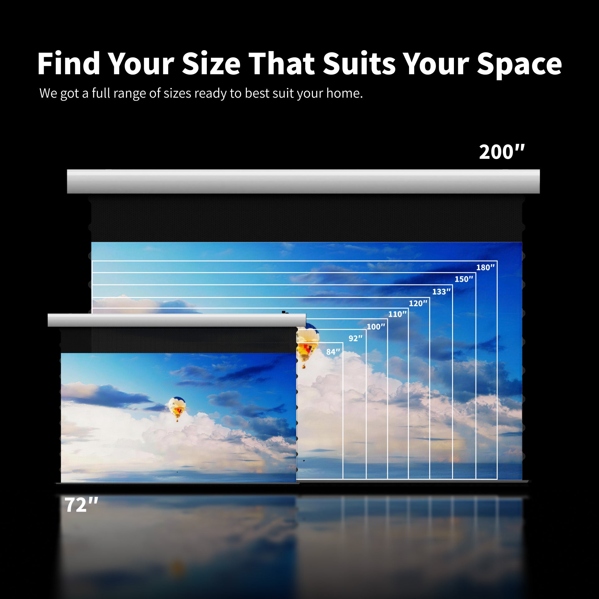 WUPRO Cinema FlowArc tab-tensioned motorized drop down projector screen available in sizes from 72 to 200 inches
