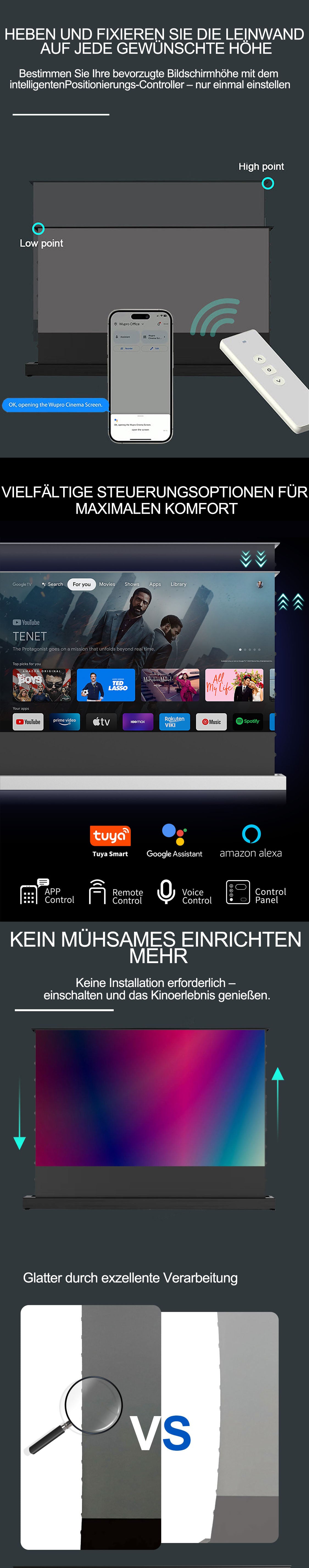 WUPRO Cinema LeApex CBSP UST Bodenaufstellbare Leinwand, keine Installation erforderlich, einfache Einrichtung, Unterstützung mehrerer Sprachen, steuerbar über Fernbedienung, App, Google Assistant, Alexa, Tuya und mehr