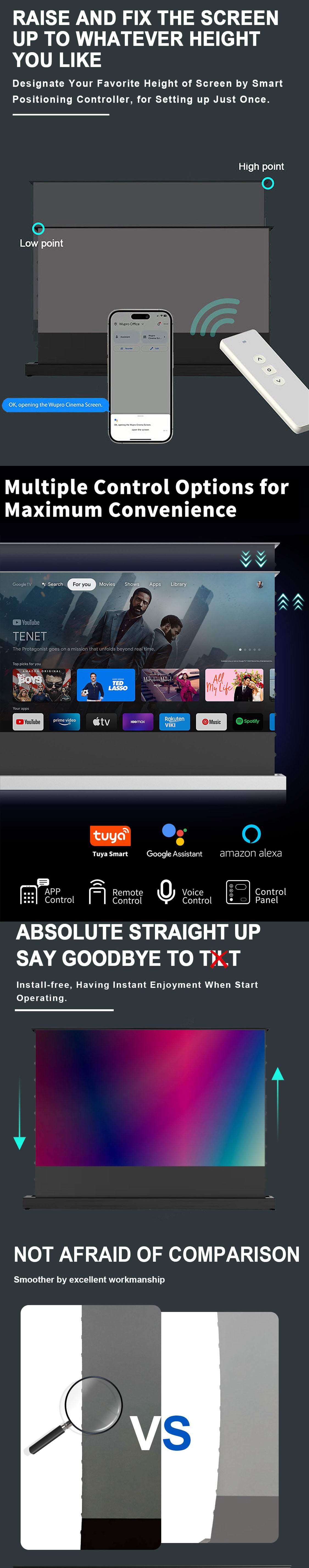 WUPRO Cinema LeApex CBSP UST floor rising screen, no installation needed, easy setup, multi-language support, controllable via remote, app, Google Assistant, Alexa, Tuya and more