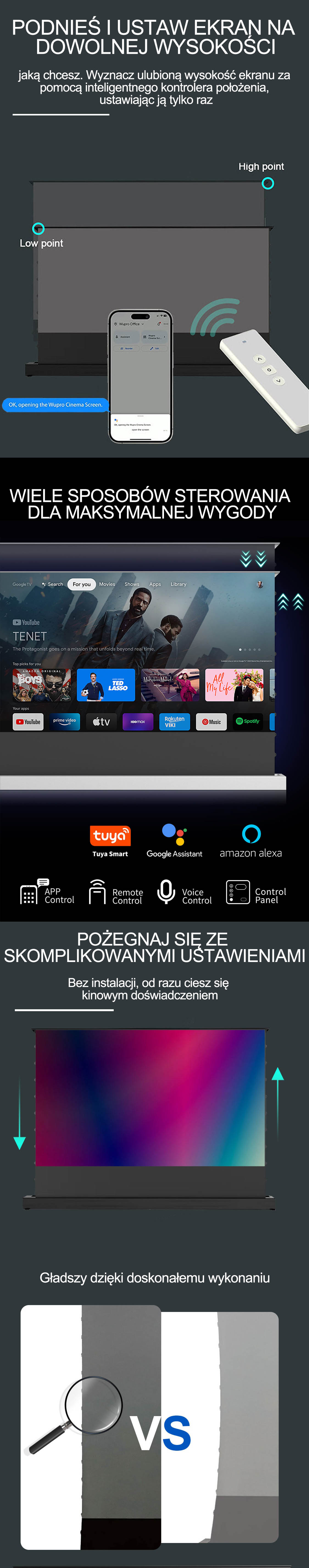 WUPRO Cinema LeApex CBSP UST ekran podnoszony z podłogi, nie wymaga instalacji, łatwa konfiguracja, obsługa wielu języków, sterowanie za pomocą pilota, aplikacji, Asystenta Google, Alexy, Tuya i innych.